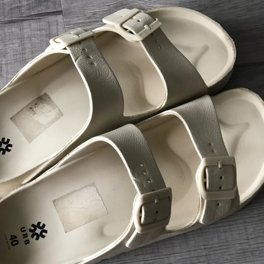 Women’s Cream Double-Buckle Slide Sandals